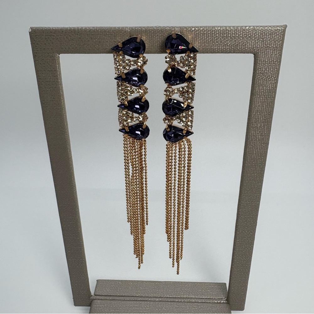 Navy Blue And Clear Crystal Rhinestone Long Tassel Earrings in Gold